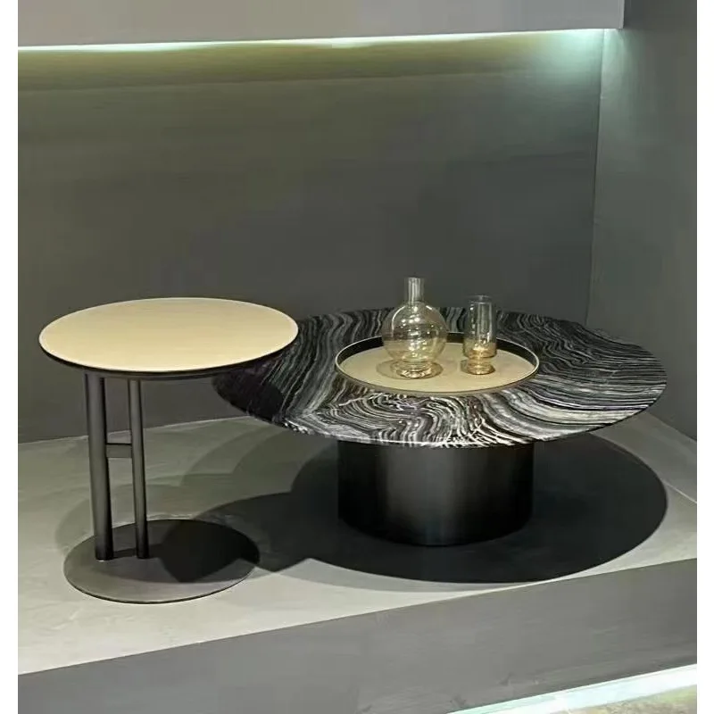 Italian minimalist saddle leather round luxury stone natural marble coffee table