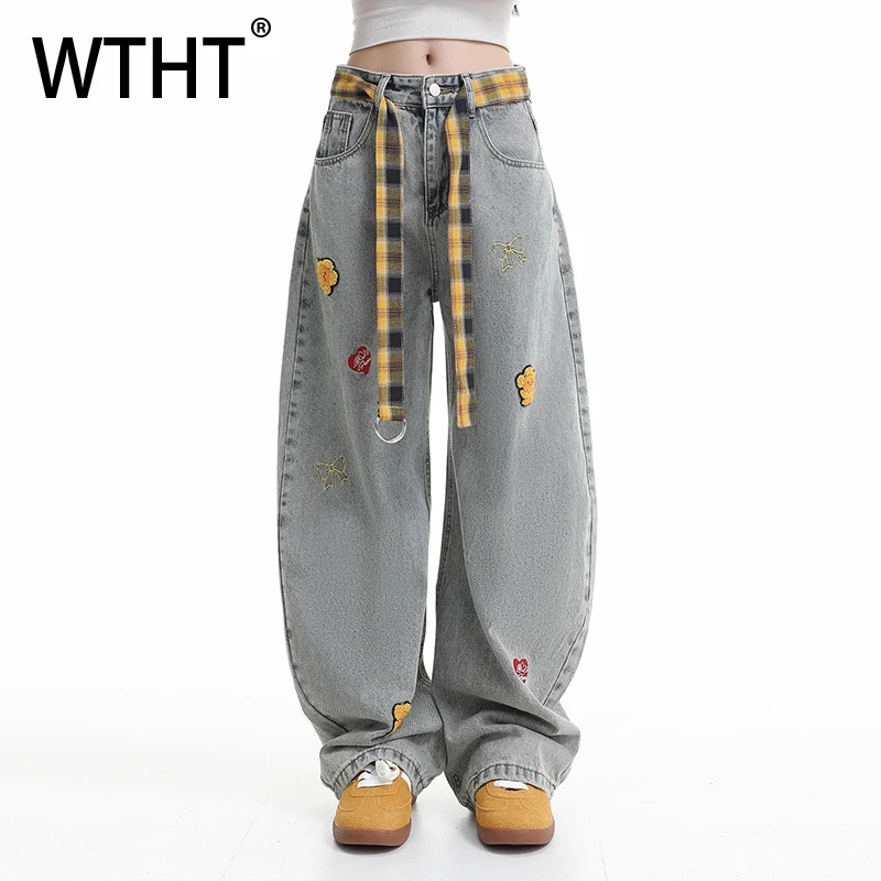 

WTHT Vintage Men's Cartoon Embroidery American Style Denim Pants Fashion 2025 Autumn Casual Straight Loose Jeans Male 2A1550