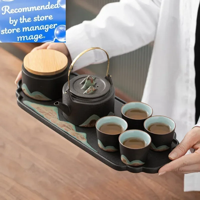 

Японский стиль, нарисованный вручную горный теневой чайник с петлей и ручкой, наборы для сухой заливки, чайный сервиз для кунг-фу, домашняя чайная чашка