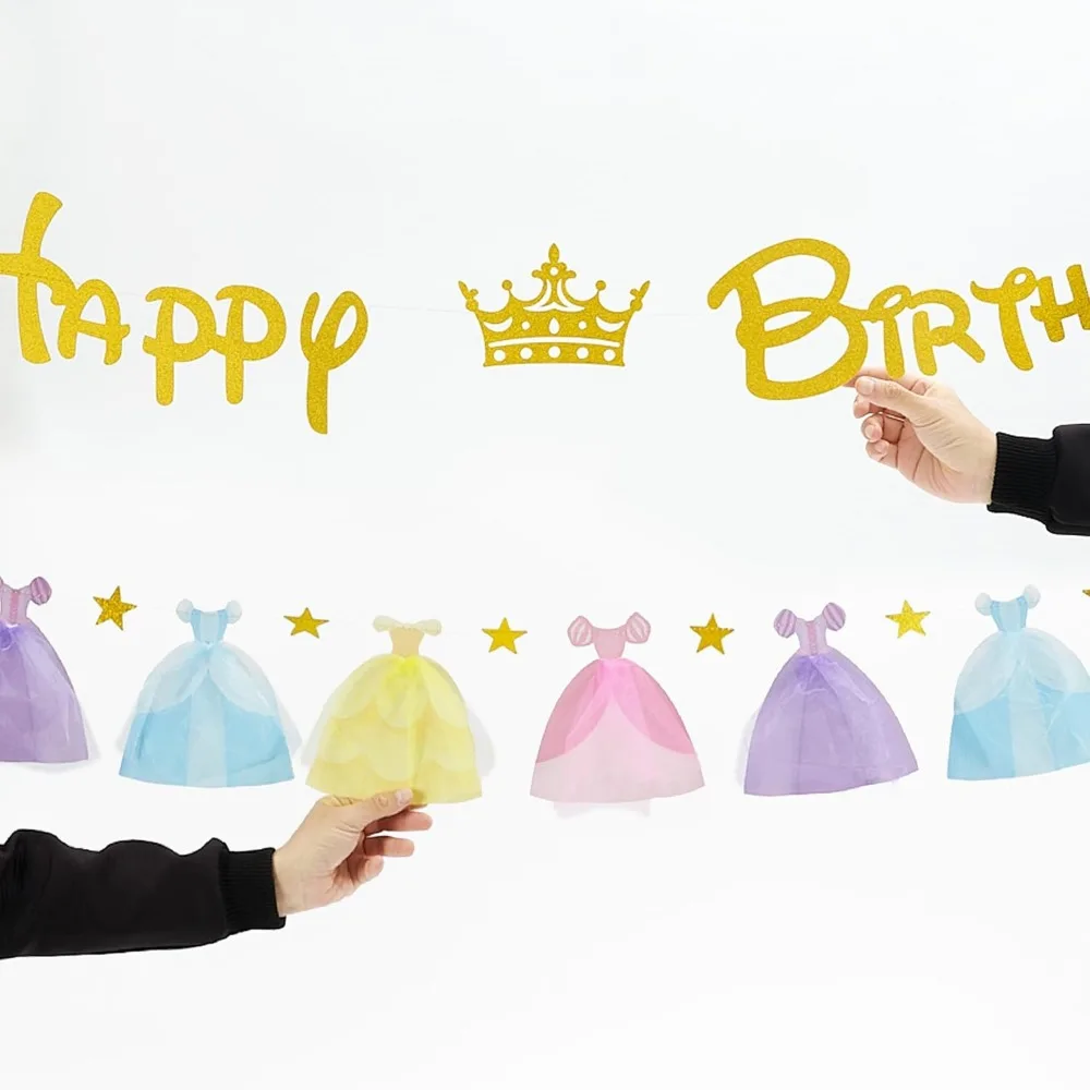 Pastellfarbenes Prinzessinnenkleid Happy Birthday Banner Glitzer Gold Sterne Hängende Papiergirlanden für Mädchen Übernachtungsparty Geburtstagsdekoration – Detail 7