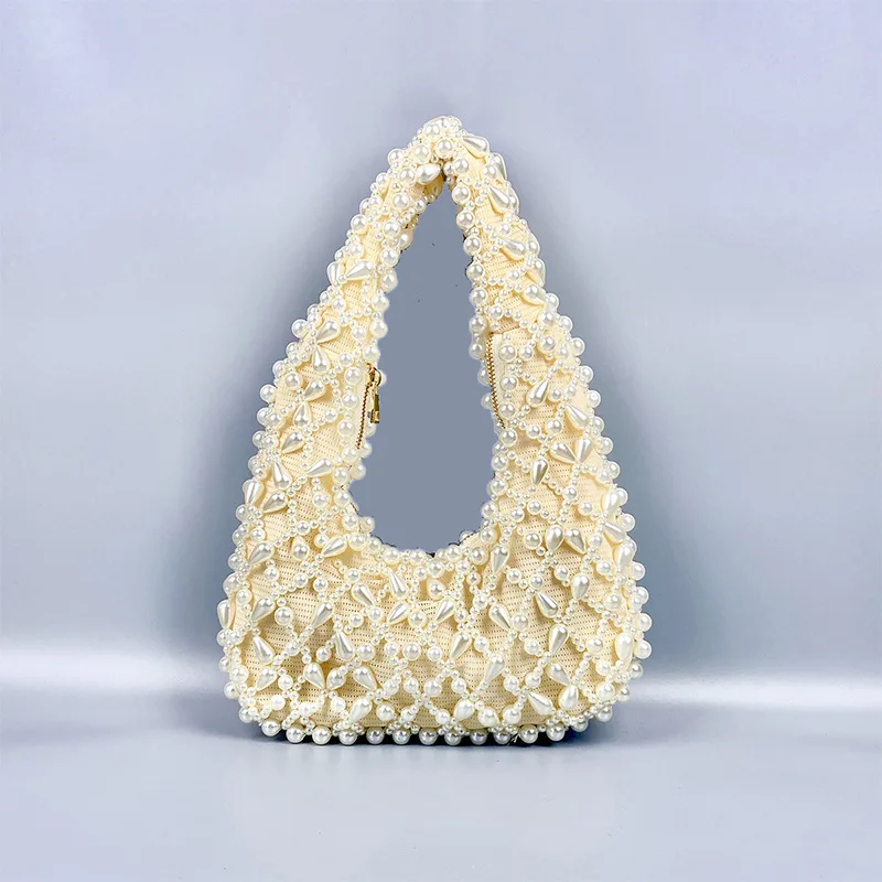 New Women\'s Bags Vintage Ins Pearl Rhinestone High Quality Ladies Handbag Handmade Beaded Knitted Commuter Underarm Shoulder Bag