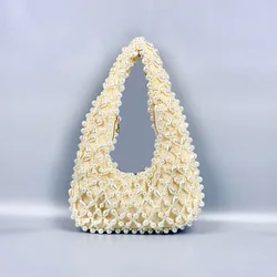 New Women's Bags Vintage Ins Pearl Rhinestone High Quality Ladies Handbag Handmade Beaded Knitted Commuter Underarm Shoulder Bag