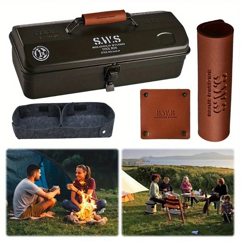 Multi purpose camping toolbox with handle, non waterproof, rectangular, outdoor toolbox with stickers, miscellaneous storage box