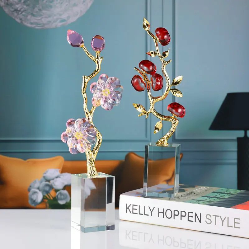 Árbol de cristal, artesanía de Metal, caqui, flor de ciruelo, escultura de flor transparente, accesorios de decoración del hogar