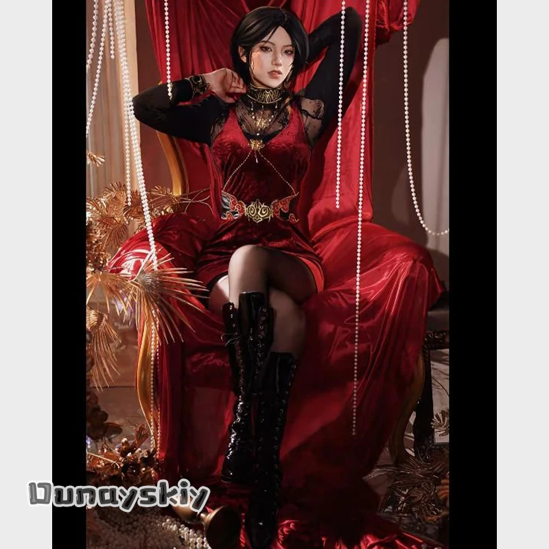 

SUGOI COS*/anime game RE 30th Anniversary cosplay Aaddaa Wang new outfit sexy red Bodycon Slip Dress pu coat high boots wigs cos