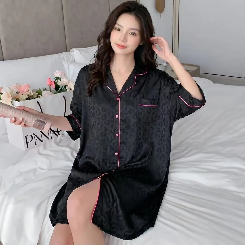 

Leopard Print Short Sleeve Sleepwear Women's Nightgown Summer Night Dress For Woman Loose Home Dress 2026 New Style Nightdress