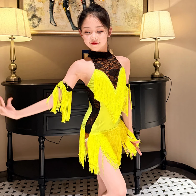 Fluorescent Yellow Tassels Latin Dance Dress Girls Latin Dance Performance Costume Children'S Chacha Latin Dance Dress SL15420