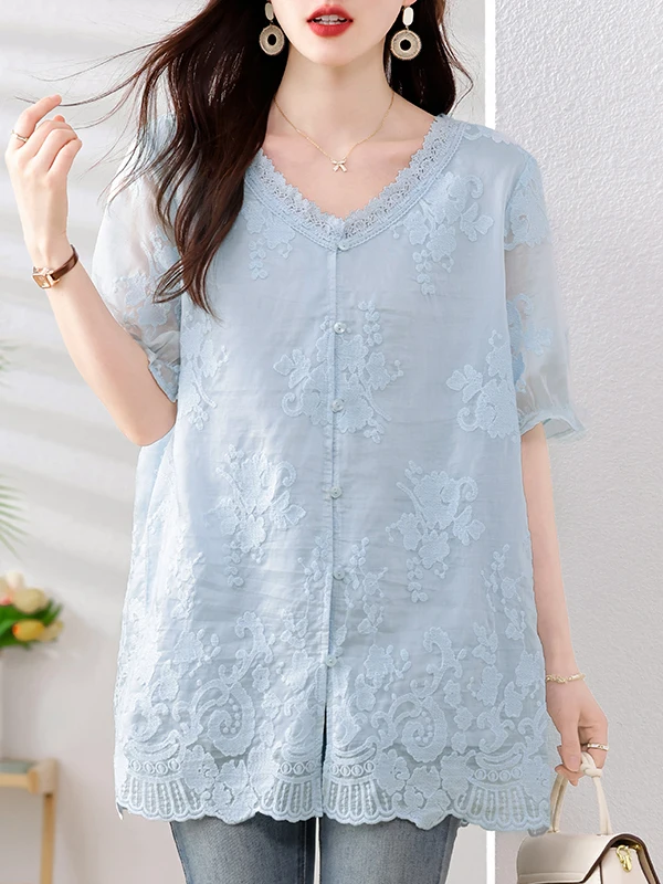 

plus Size Women's V-Ne Embroidered Chiffon irt ort Sve Casual Sle Summer Faion Top Large Size Fem Garment