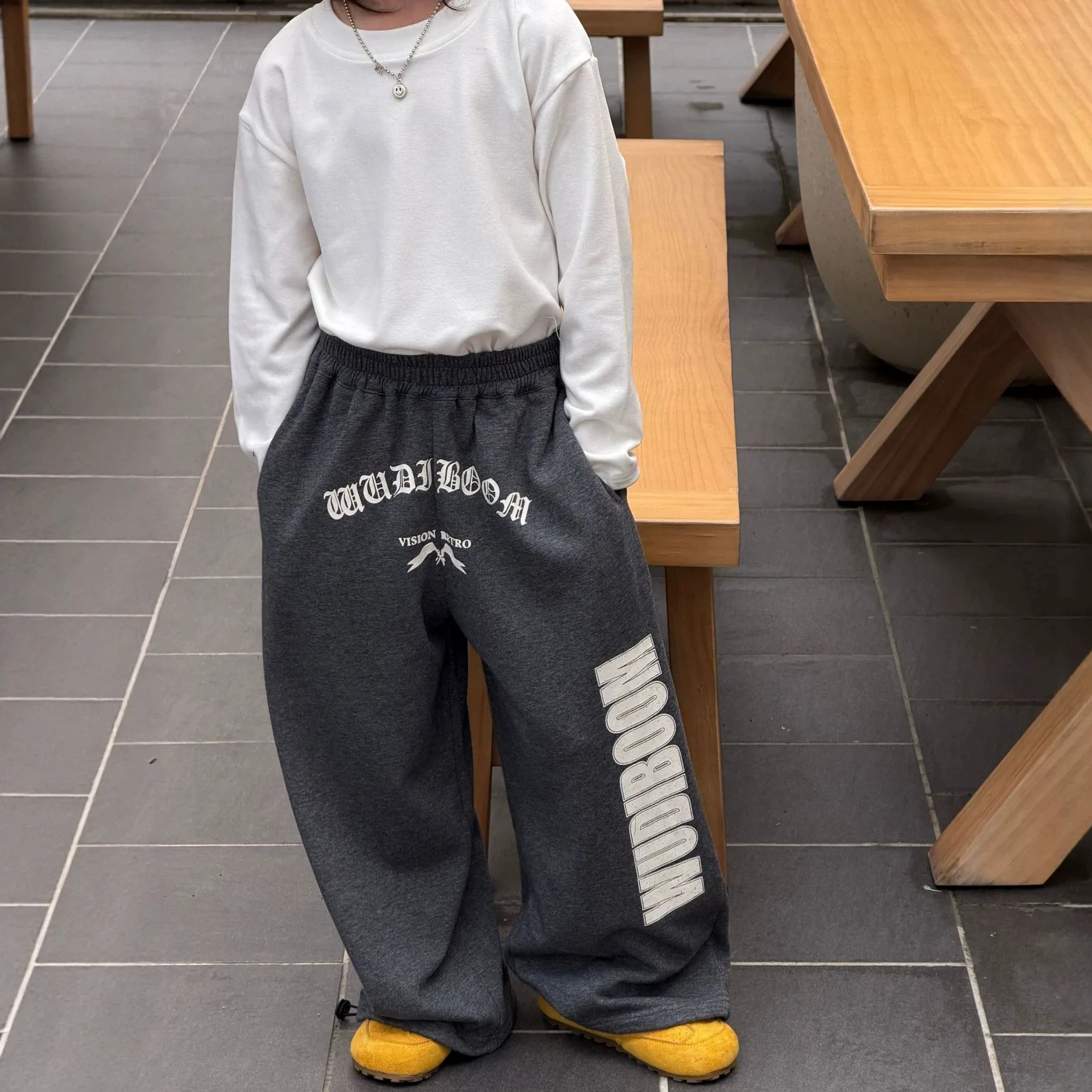 Children Clothes Kids Casual Loose Pants New Autumn Boys Retro Letter-printed Dark Grey Loose Sweatpants Simple Long Pants