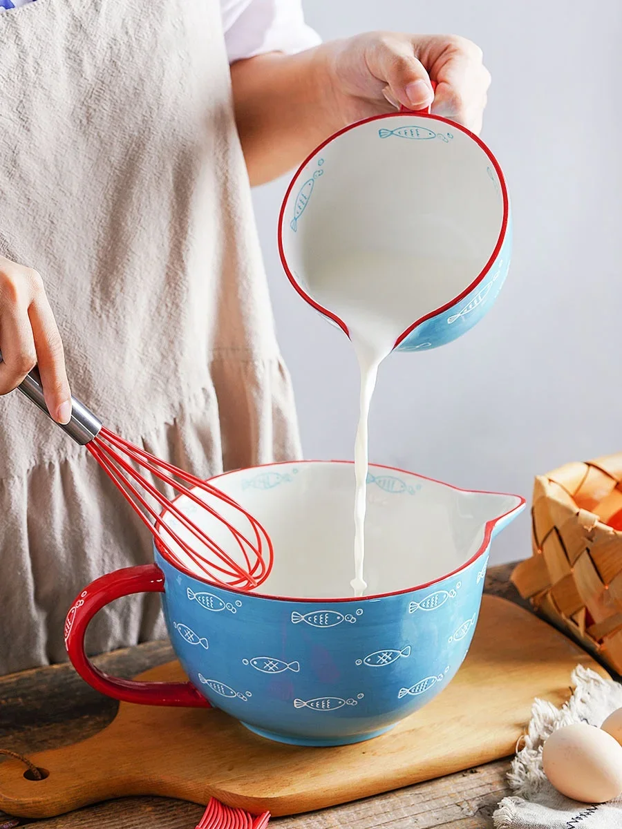 Ezicok Ceramic Bowl with Handle for Baking Home Use Kitchen Utensils Egg Beating Bowl Stirring Bowl Drainage Cup round Shape