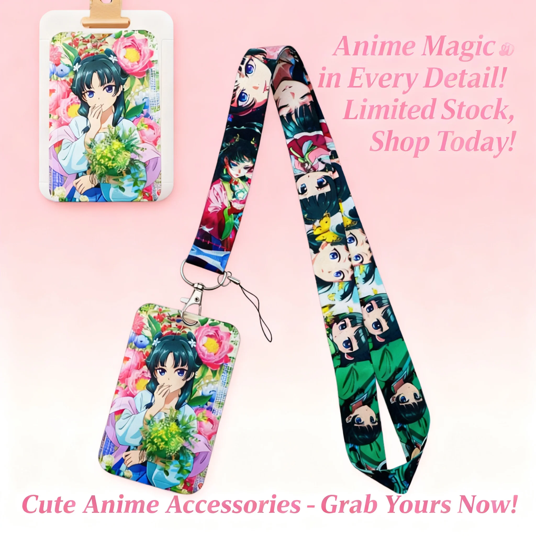 Cute Anime Girl Lanyard Neck Strap Card Holder Key ID Badge Phone Straps Cosplay Accessories Keyrings Gifts for Women Men