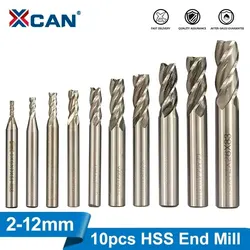 XCAN HSS Milling Cutter 4 Flute End Mill 10pcs 2-12mm for CNC Machine Milling Tools Router Bit Metal Cutter Aluminum Milling Bit