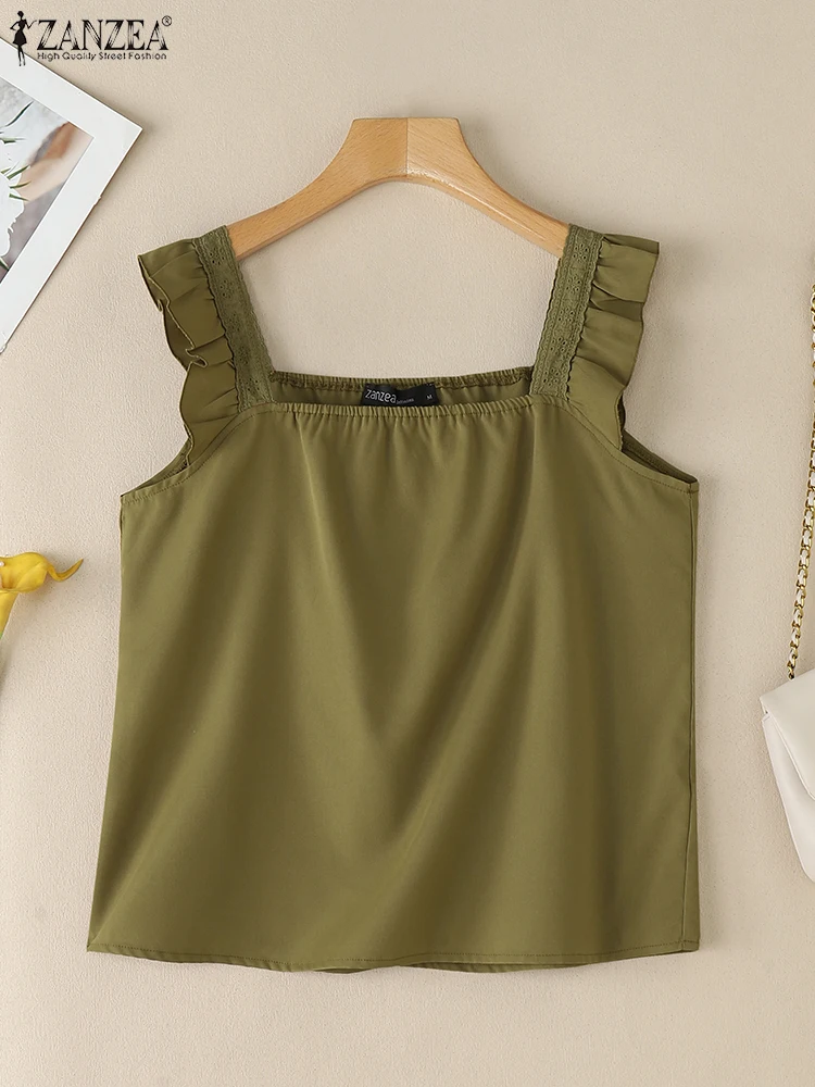 2025 ZANZEA ฤดูร้อนเสื้อแขนกุดผู้หญิงสแควร์คอ Tanks Tops Stylish Ruffles วันหยุดเสื้อลําลอง Blusas