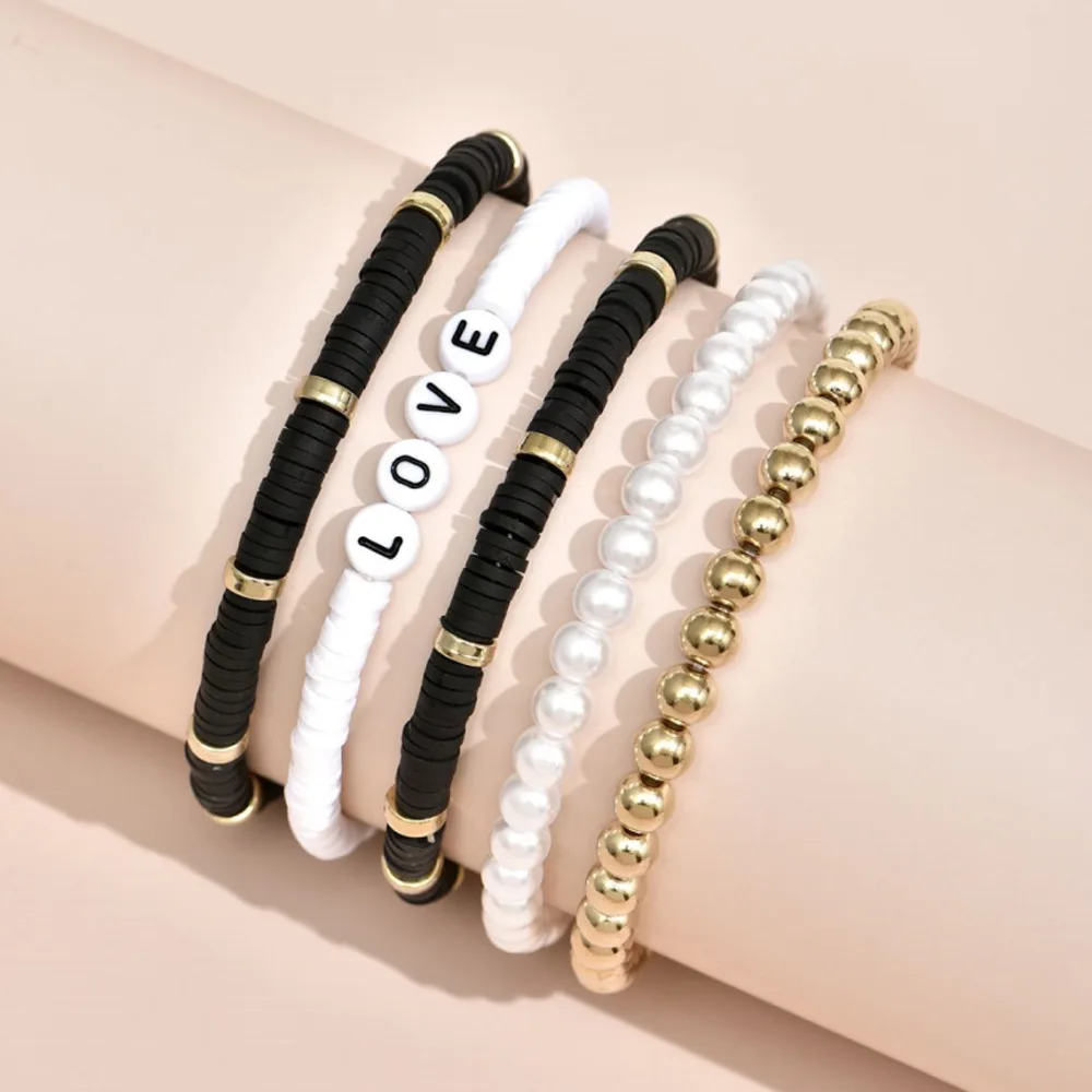 Lucky Clover Rings National Wave Simia Bracelet Colorful Polymer Clay Temperament Pearl Bangles Love5-piece Set Friends 2025