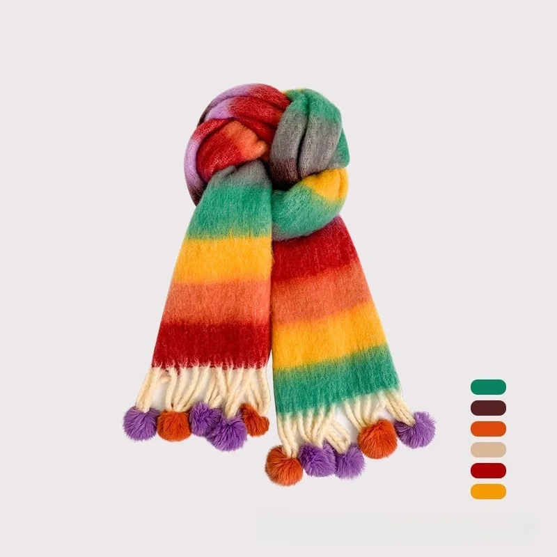 Rainbow Mohair Tassel Scarf Color Block Striped Pom Pom Fringe Scarf Silk Sun Face Mask