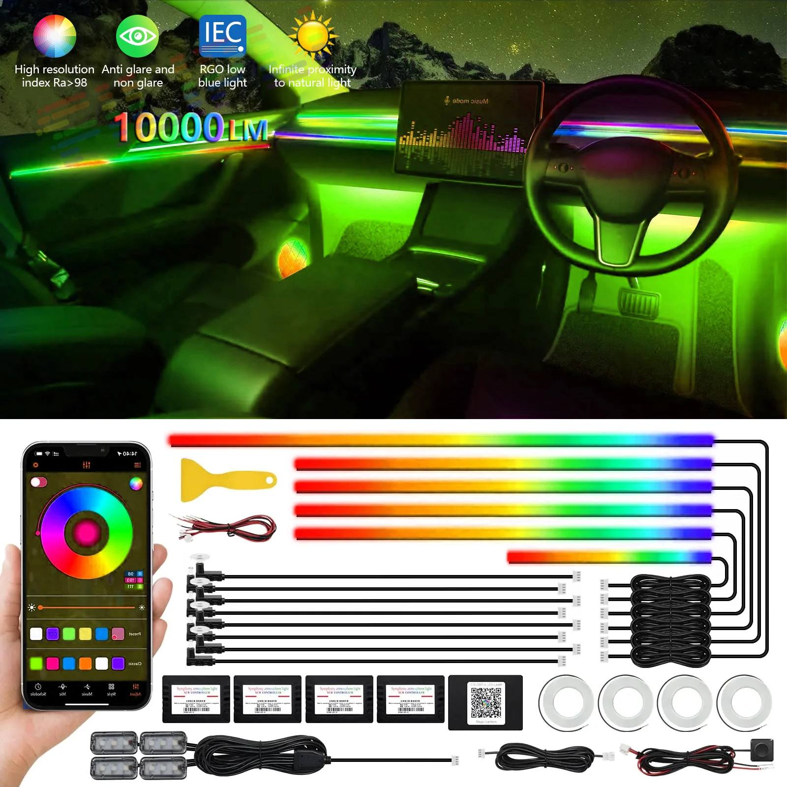 6 In1 Full Universal Symphony Car LED Ambient Lights Decoration Atmosphere Lamp 64 RGB Colorful Streamer Rainbow App Control