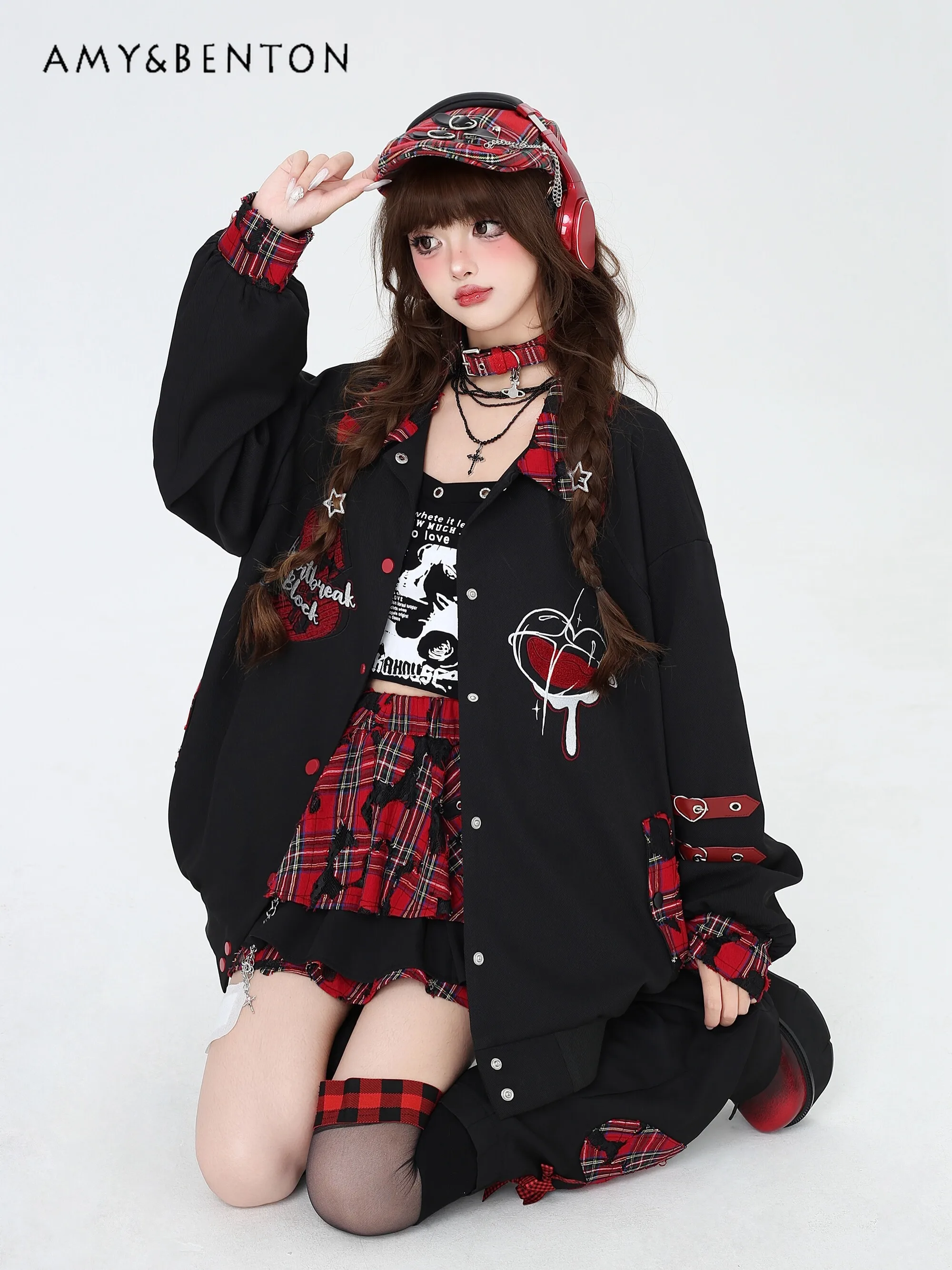 Subculture Gothic Embroidery Plaid Splicing Leather Buckle Jacket Autumn Winter New Harajuku Street Single-breasted Jacket Women