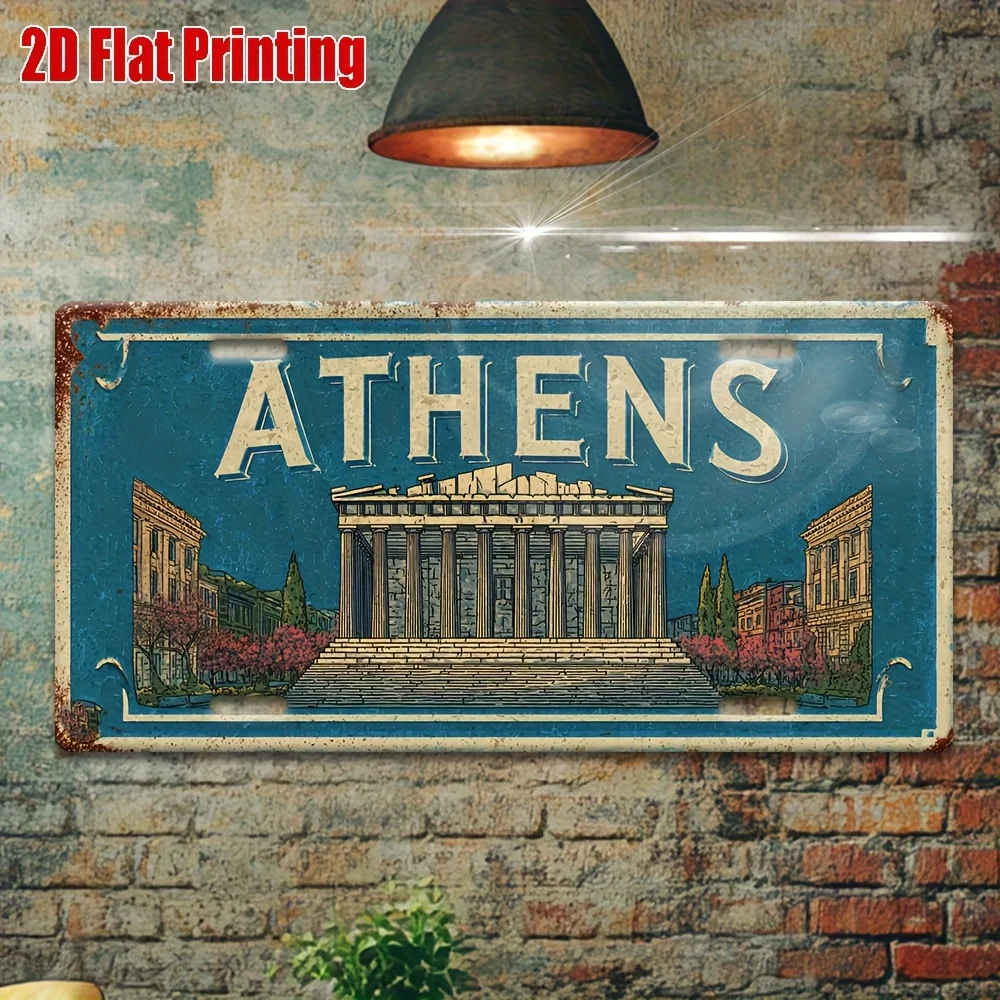 2D Flach, 1 Stk. Vintage Athen Metall Nummernschild Schild, Vintage Reise Wandkunst, Athen Parthenon Design Heim Wanddekoration