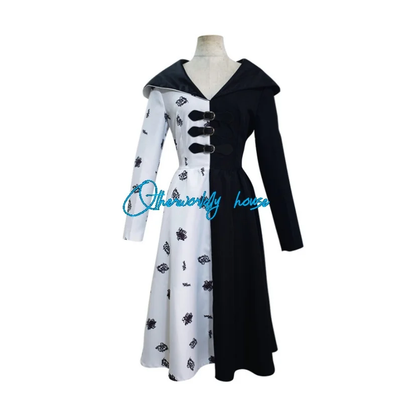 Cruella De Vil Cosplay Costume Girls Women Evil Madame Cruella De Vil Cosplay Black White Maid Dress Wig Halloween Party Costume