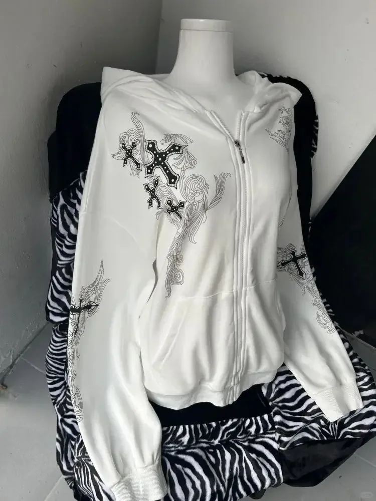 ثقافة فرعية Y2k الألفية خمر بلوزات النساء الأبيض الصليب طباعة مقنعين سترة الخريف عادية القوطية فضفاض زيبرب القمم جديد