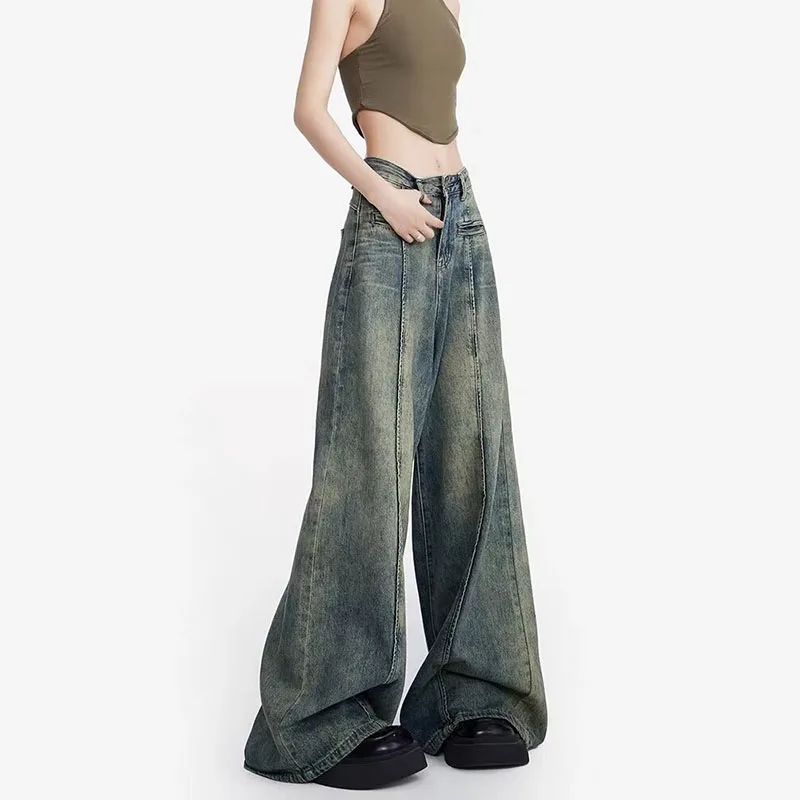 Koreanische Retro Jeans Weibliche Design Sinn Hohe Taille Gerade Bein Breite Bein Hosen Bodenlangen Hosen Baggy Jeans Y2k Jeans