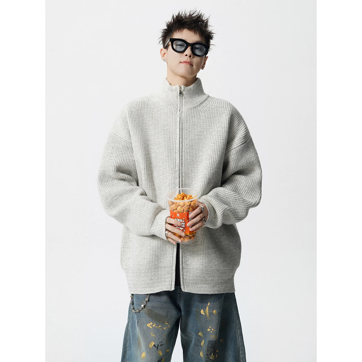 American Style Double Zipper Floral Gray Stand Collar Knitted Cardigan Men Autumn Winter Loose Casual Versatile Black Sweater