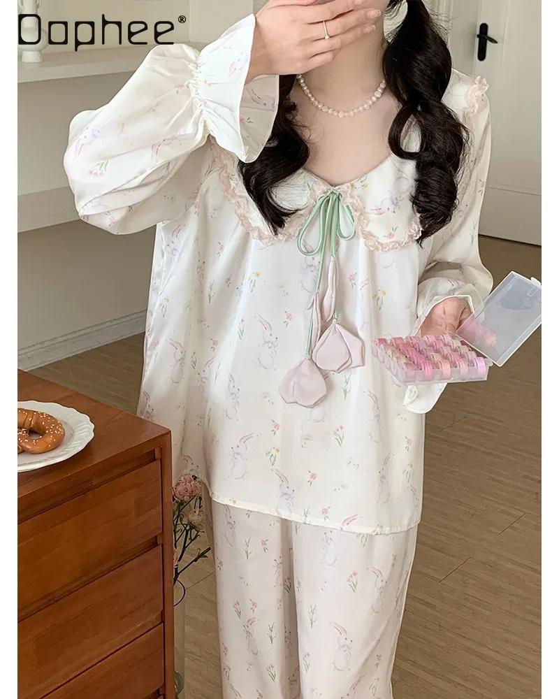 Sweet Cartoon Print Pajamas with V-neck Lace Trimmed Collar Baby Doll Style Long Sleeves Long Pants Loose-fitting Women Homewear