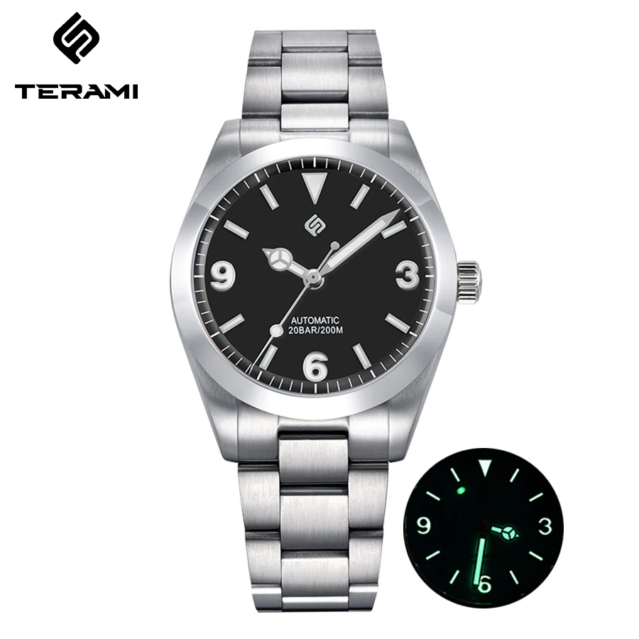 TERAMI NEW Classic MIN Dial 36MM Men Automatic Mechanical Watches HN35 Sapphire Crystal 200M Waterproof HD Green Lume Wristwatch