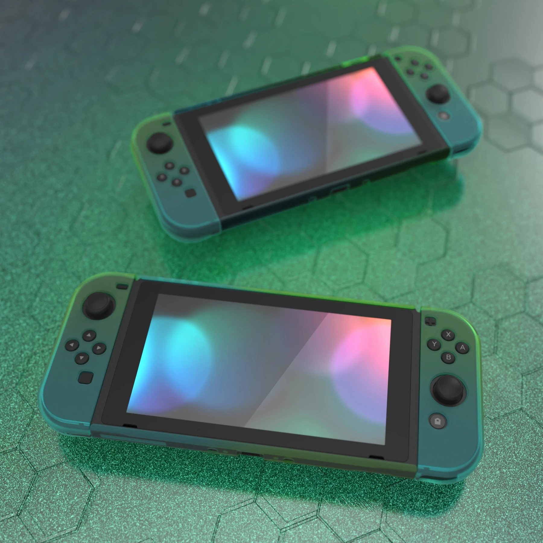 PlayVital UPGRADED Dockable Case Grip for Nintendo Switch, Ergonomic Protective Cover - Gradient Translucent Green Blue