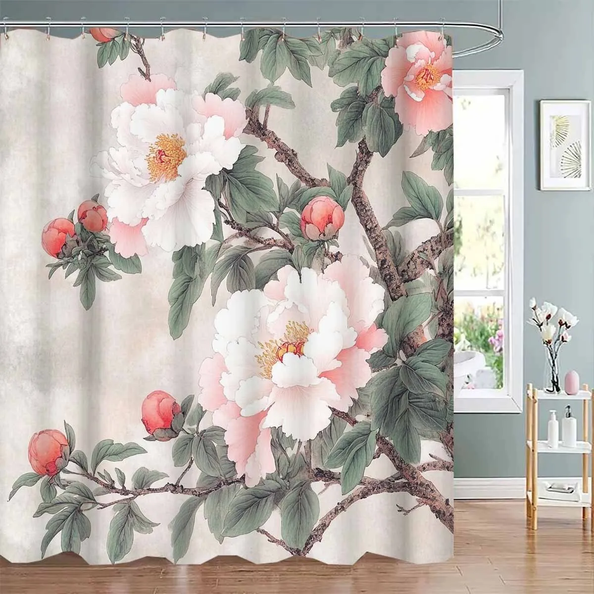 

1 шт. Занавеска для душа с цветочным принтом розового и белого цвета, 12 крючков, полиэфирная ткань, можно стирать в машине, элегантный декор для ванной комнаты для всех