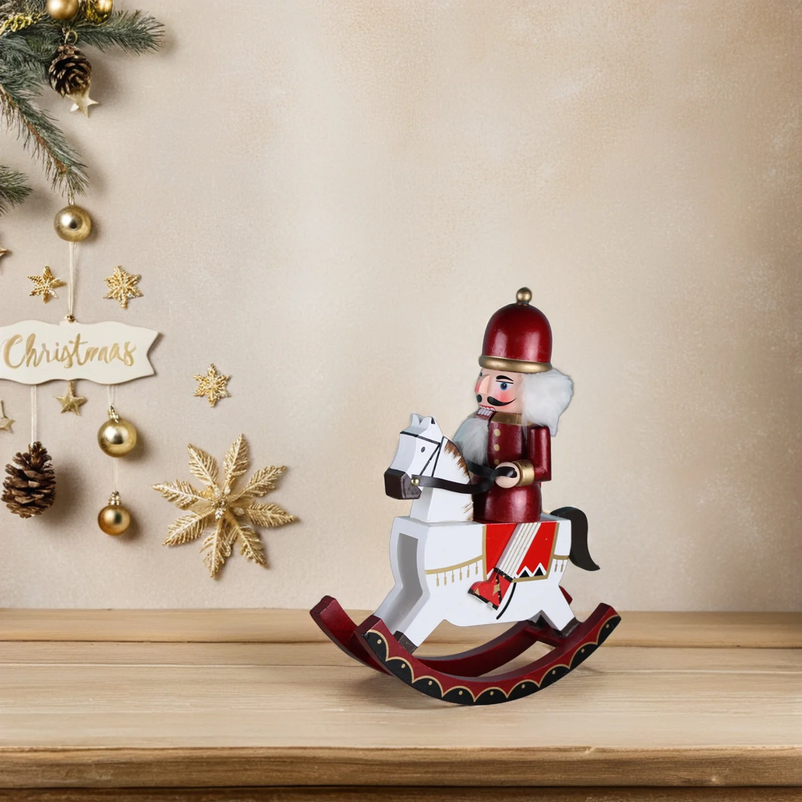 

2Pcs Christmas Wooden Nutcracker Rocking Horse Decoration Xmas Table Fireplace Shelf Centerpiece Holiday Ornament
