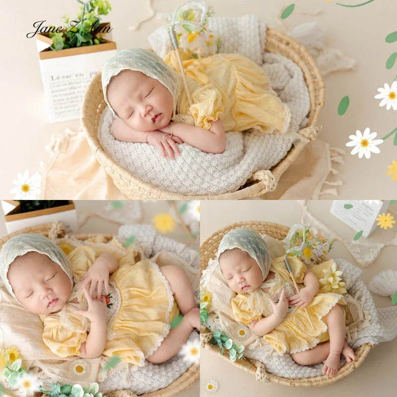 

Newborn photo props baby girl yellow dress+lace hat+Butterfly catching net+flowers summer theme shooting