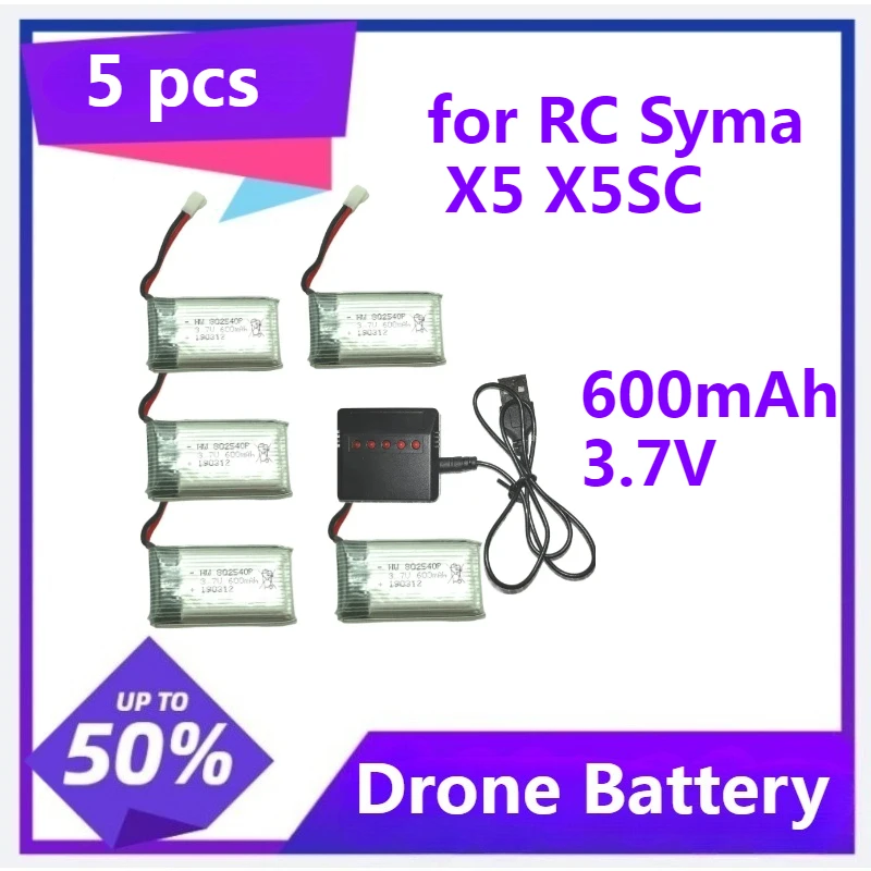 

5pcs 802540 Rechargeable Lithium Battery with Charger for RC Syma X5 X5SC Remote Control Drones Suitable 3.7V 600mAh