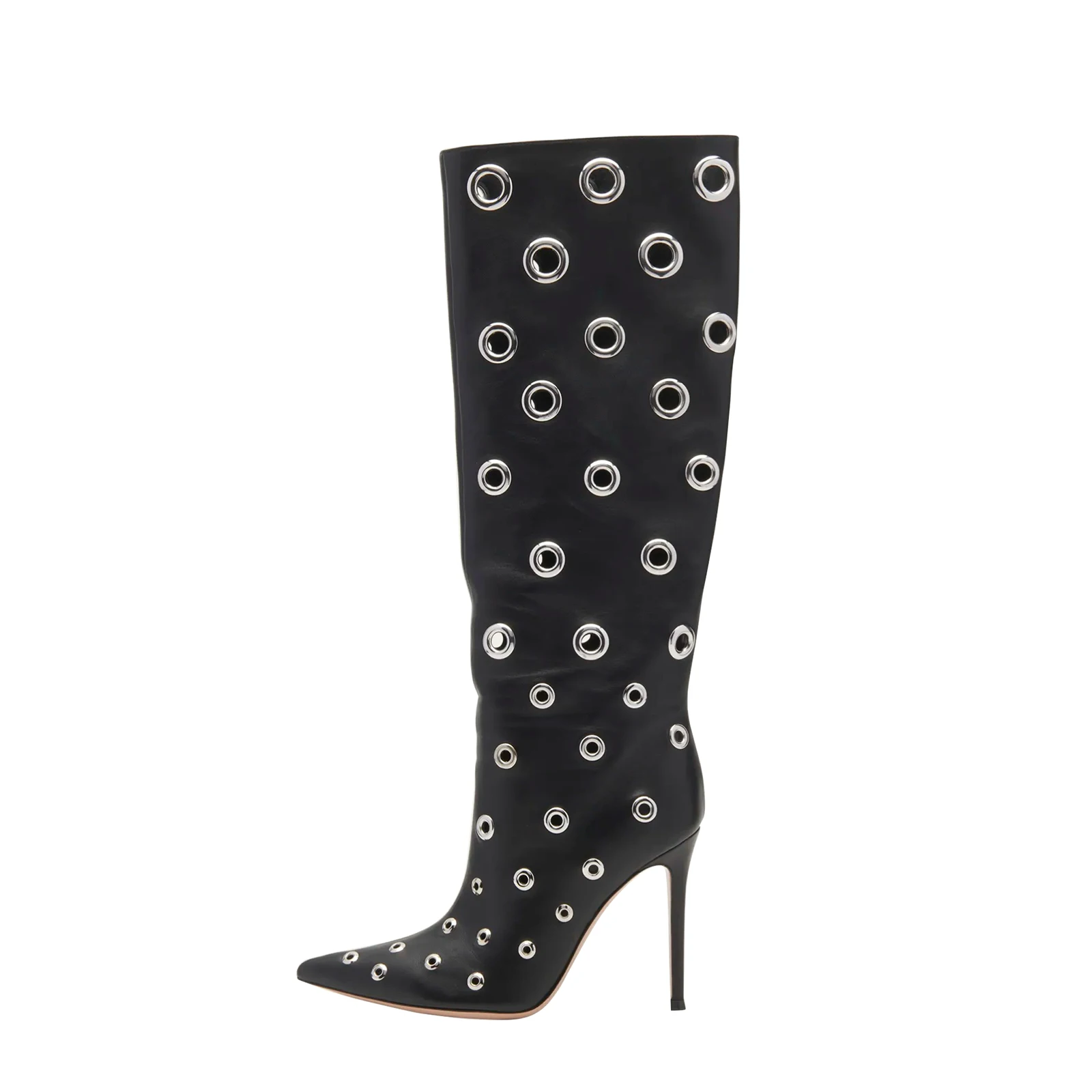 

Women's knee high boots round holes studded pointed toe stiletto Ladie boots