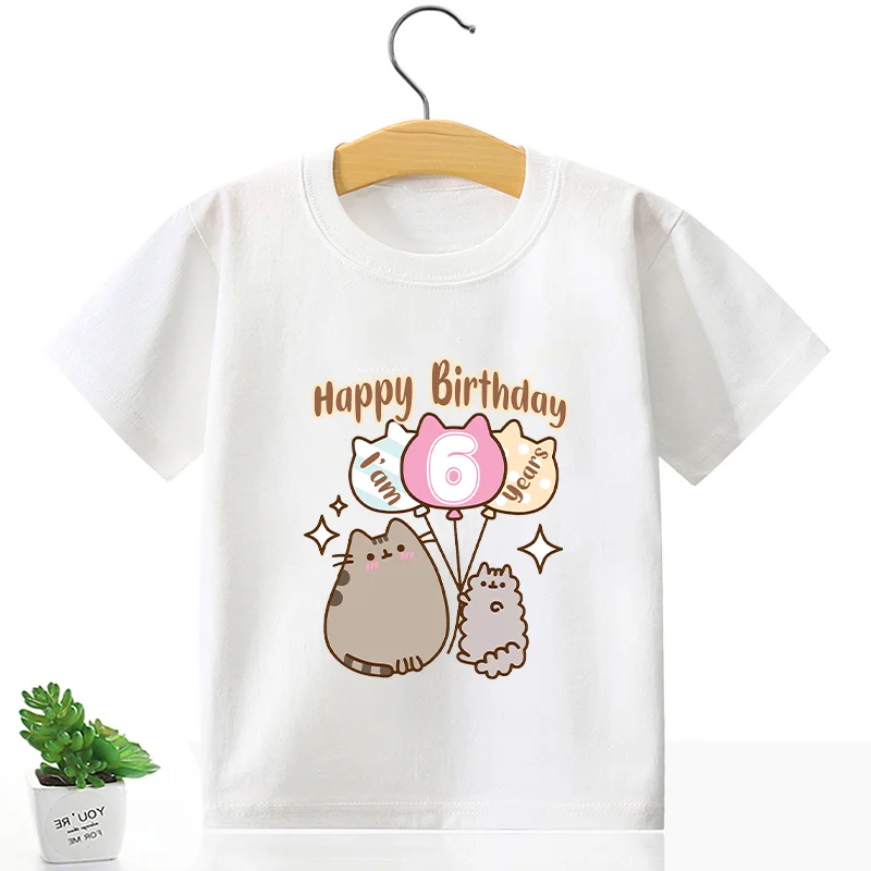 Cute Pusheen Children T-shirt Cartoon Birthday Number Tee Anime Clothing Short Sleeved Clothes Cat Girls Summer Tops Decor Hot