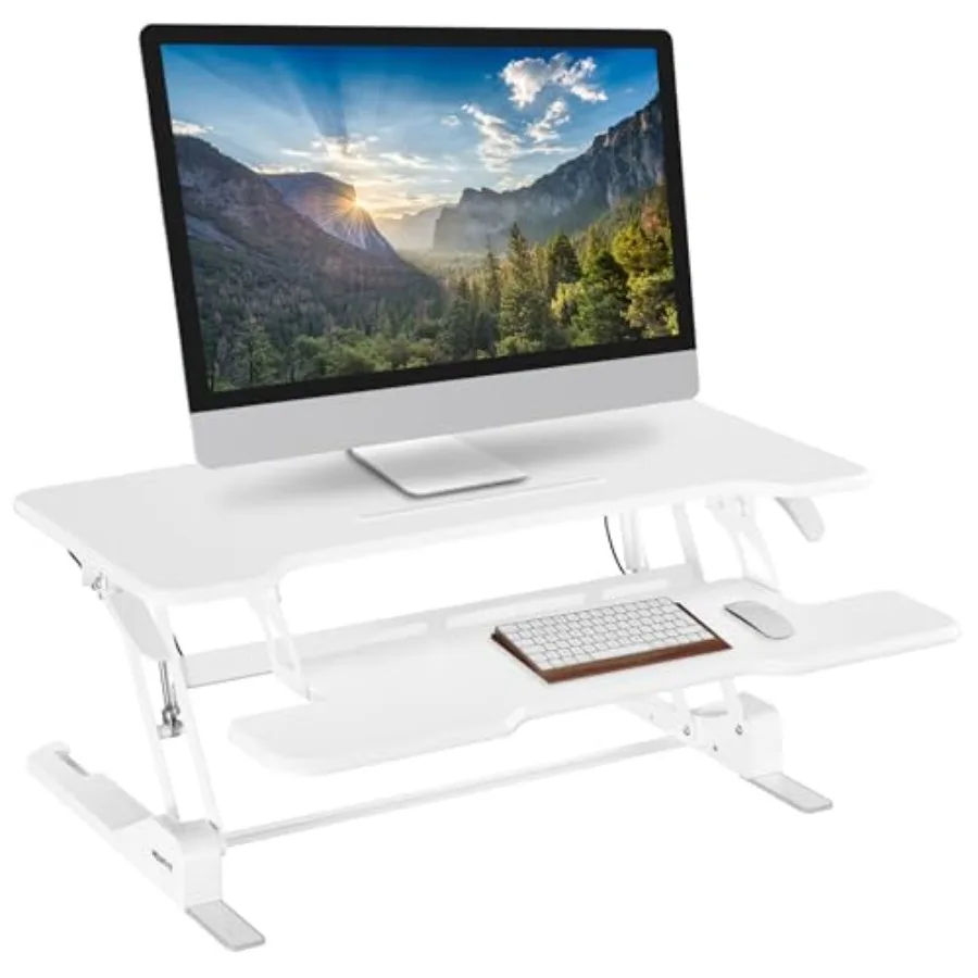 

Standing Desk Converter White 38 Wide Height Adjustable Stand Up Desk Riser Desktop Topper with Gas Spring Keyboard Tray Fits T