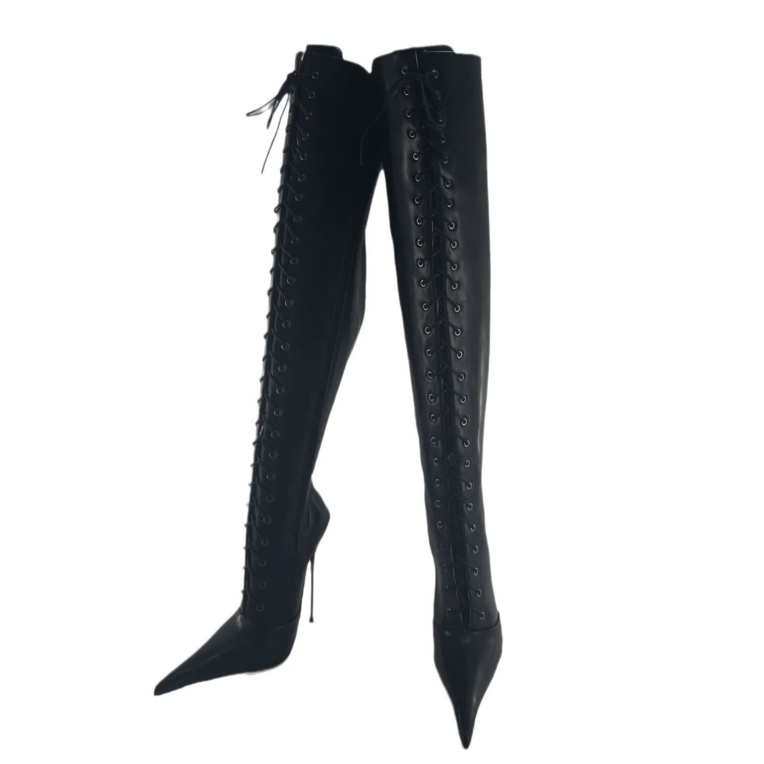 European and American high heels over knee boots with zippers, extra long pointed front straps, sexy fashion shoes, and bound ov