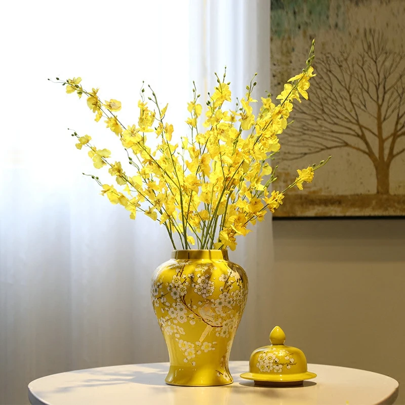 Flower Vase Yellow Temple Jar, White Plum and Bird Print, Decorative Designer, Large Ginger Jar, Tree Floral Ceramic Lidded