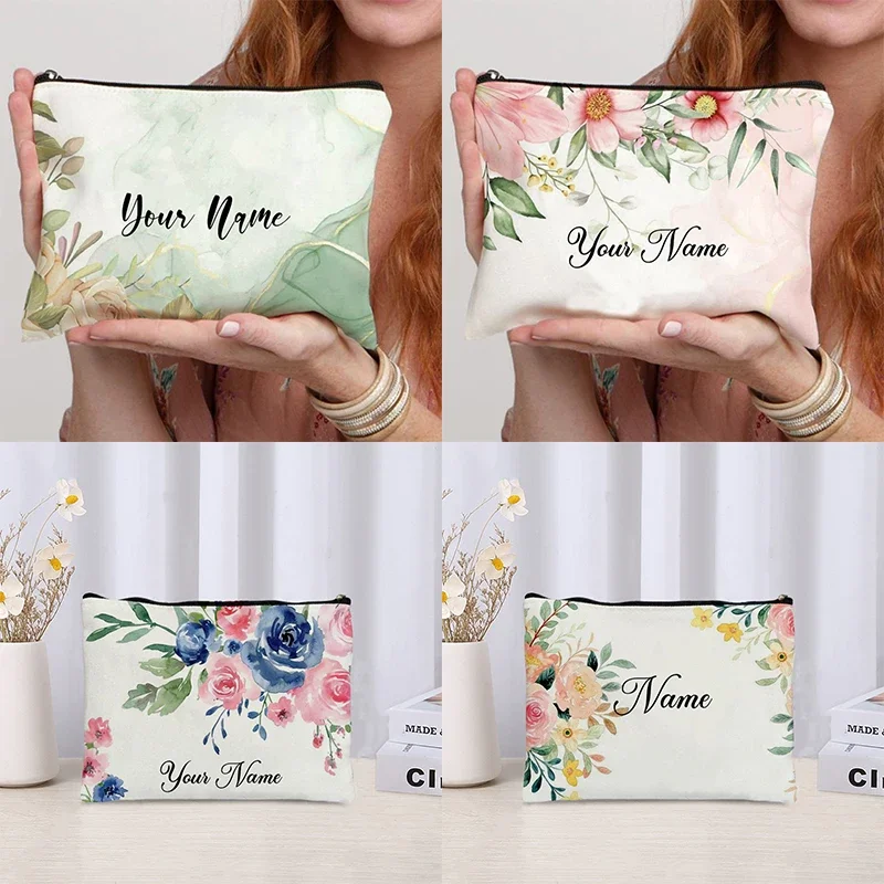 Custom Floral Makeup Bag Wedding Bridesmaid Gifts Handbag Travel Cosmetic Organizer DIY Name Side Bag for Ladies Trendy Purse