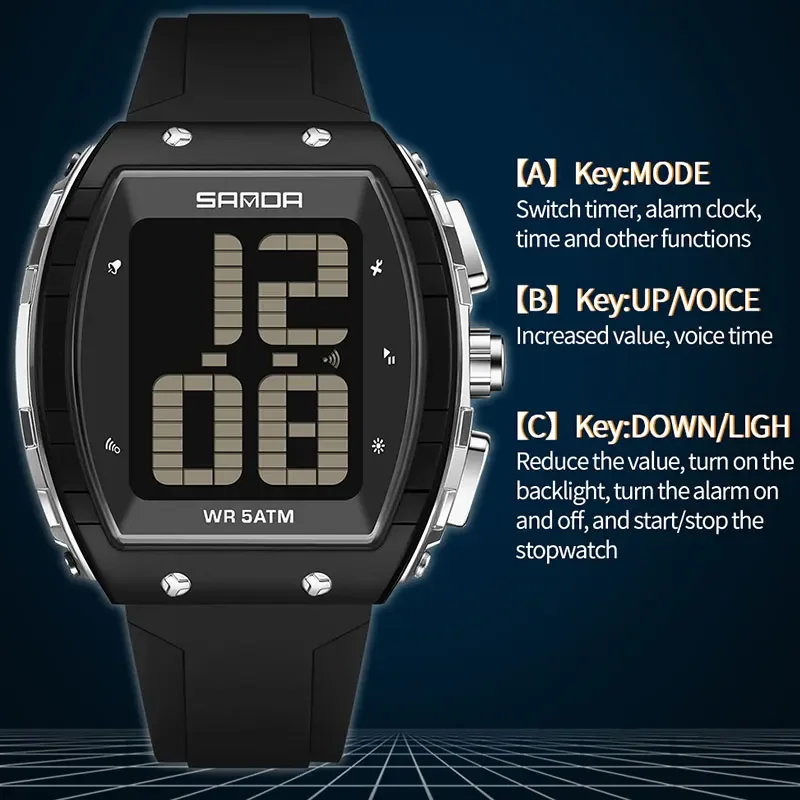 SANDA ساعة اليد رجل سيليكون شيك ساعة رقمية للرجال عرض كبير الطلب تاريخ الأسبوع ساعة منبه حزام مقاوم للماء ساعة إلكترونية