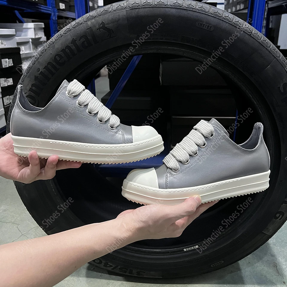 

RO Men Shoes Lace-up Low Top Casual Women Street Flat Sneakers Brand Classic Design Retro Thick Shoelaces Black Leather Shoes