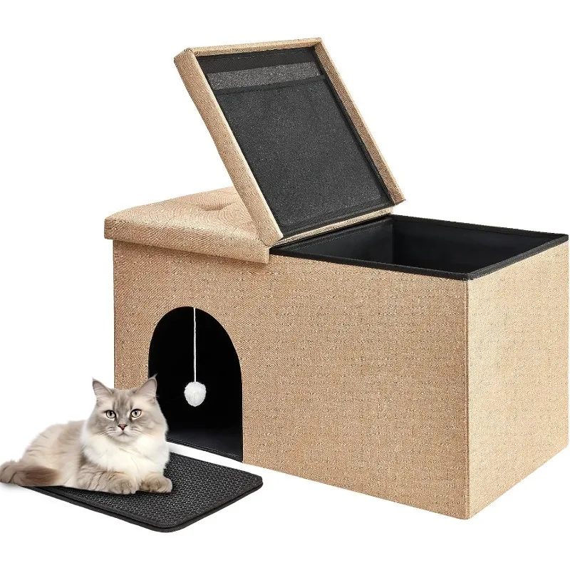 Cat Litter Box Enclosure Large with Lid, Modern Hidden Cat Litter Box Furniture Ottoman with Litter Mat, Dog Proof, Easy