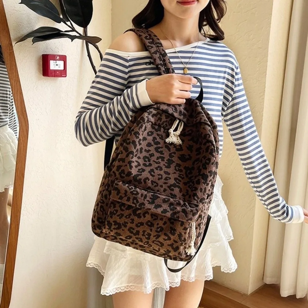 Corduroy Leopard Print Backpack Harajuku Ulzzang Students School Bag Adjustable Shoulder Straps Large Capacity Students Daypack