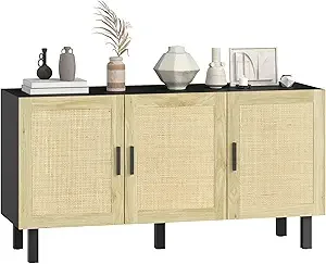 

Sideboard Buet Cabinet, Coee Bar Cabinet with 3 Rattan Doand Adjustable Shelves or Kitchen, Living Room, White and Natural