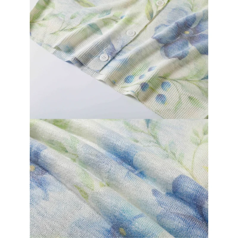 Dames zomer lange mouw bloemenprint gebreid O-hals vest casual lichtgewicht gebreide trui jas met zonwering