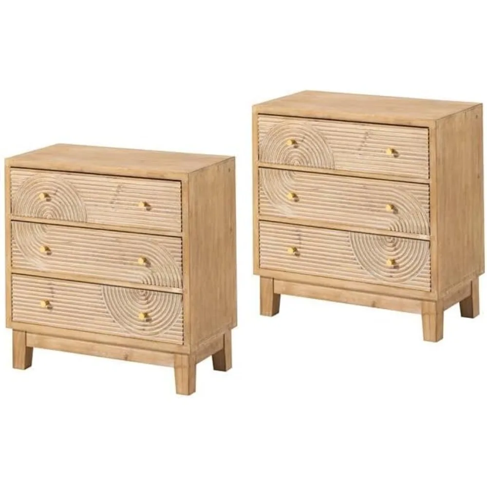 3 Drawer Farmhouse Dresser with Handicraft Wood Ring Motif, Set of 2 Fully Assembled Nightstand Wooden