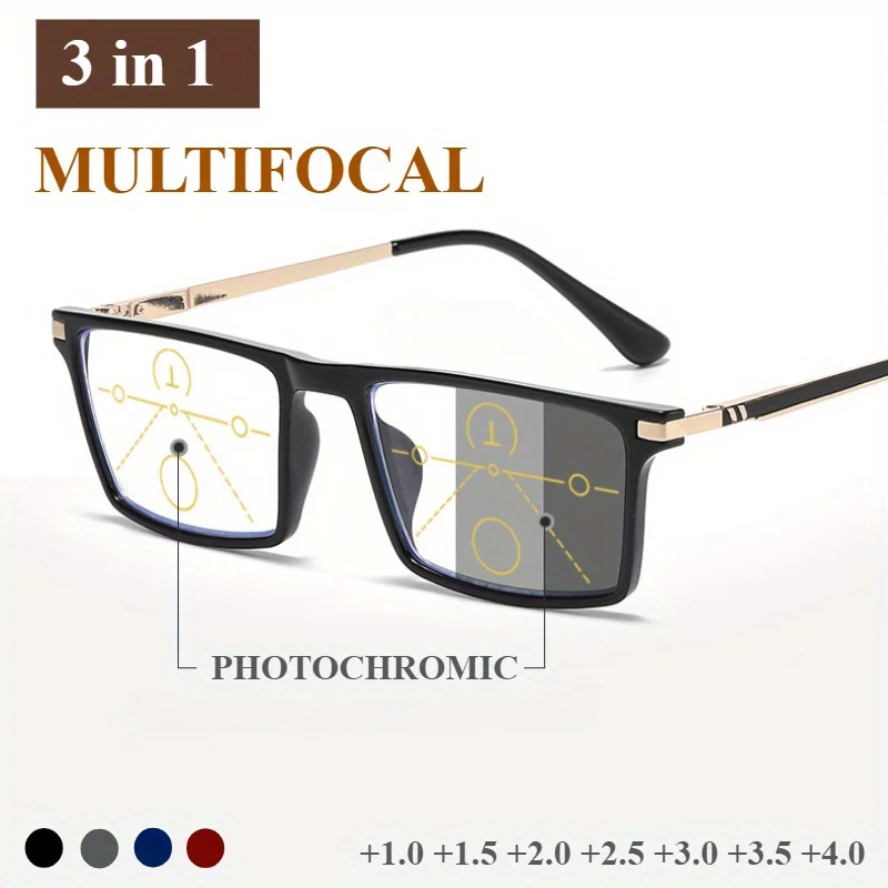 3-in-1 Photosensitive Color Changing Reading Glasses 0~+4.0 -Progressive Multi Focal Distance Dual-use, Alloy Frame, Metal Hinge