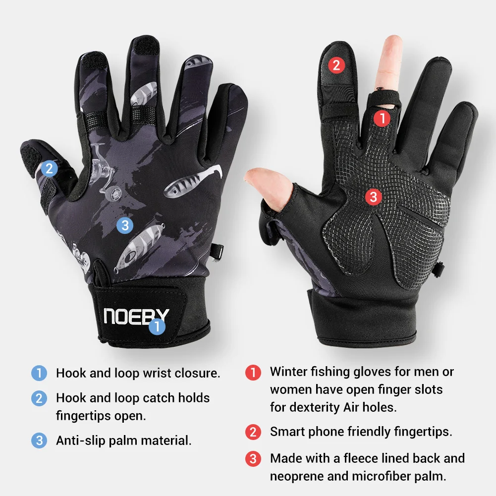 Noeby-Wear Resistant Winter Fishing Gloves for Men Women, Fishing Tackle, Slip Proof, Sliding Screen, Warm, Ice Fishing, Hunting