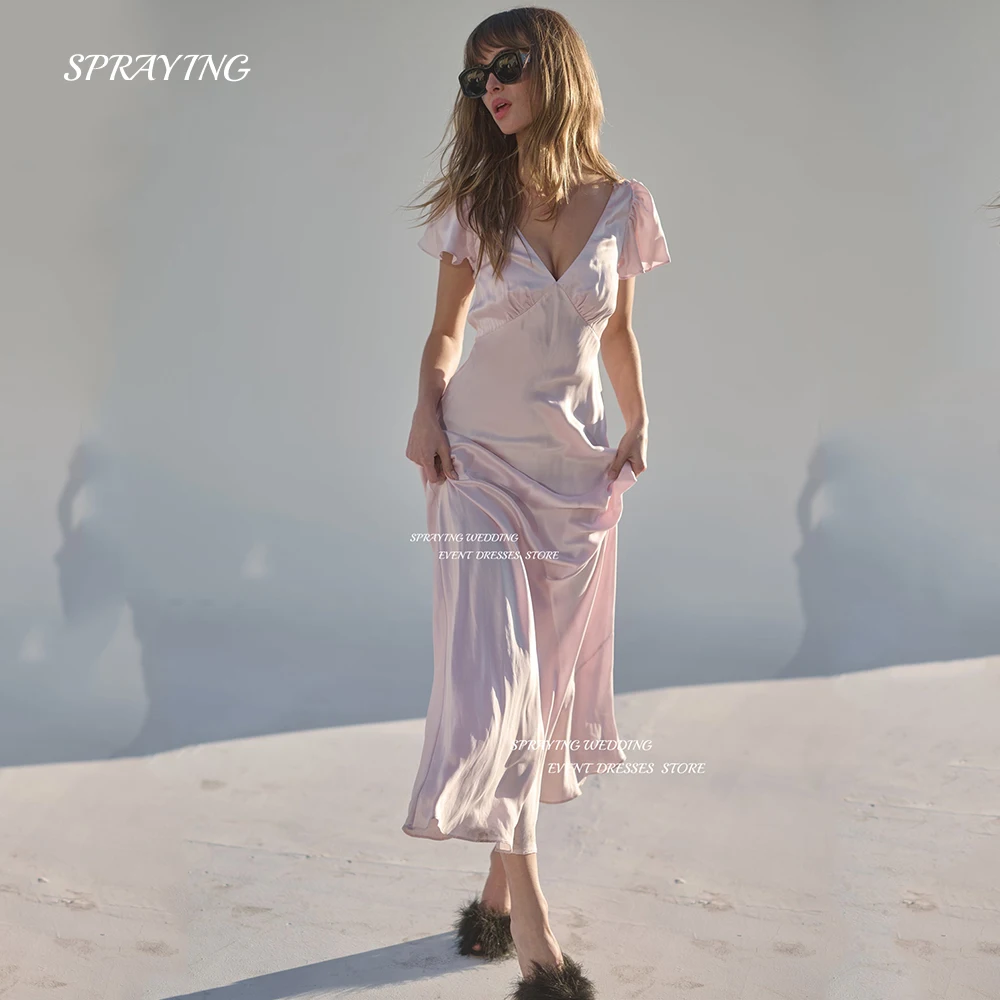 

SPRAYING Selkie Simple Pink V Neck Evening Dress A Line Soft Satin Prom Gown Short Satin Floor Length Formal Occasion Dresses