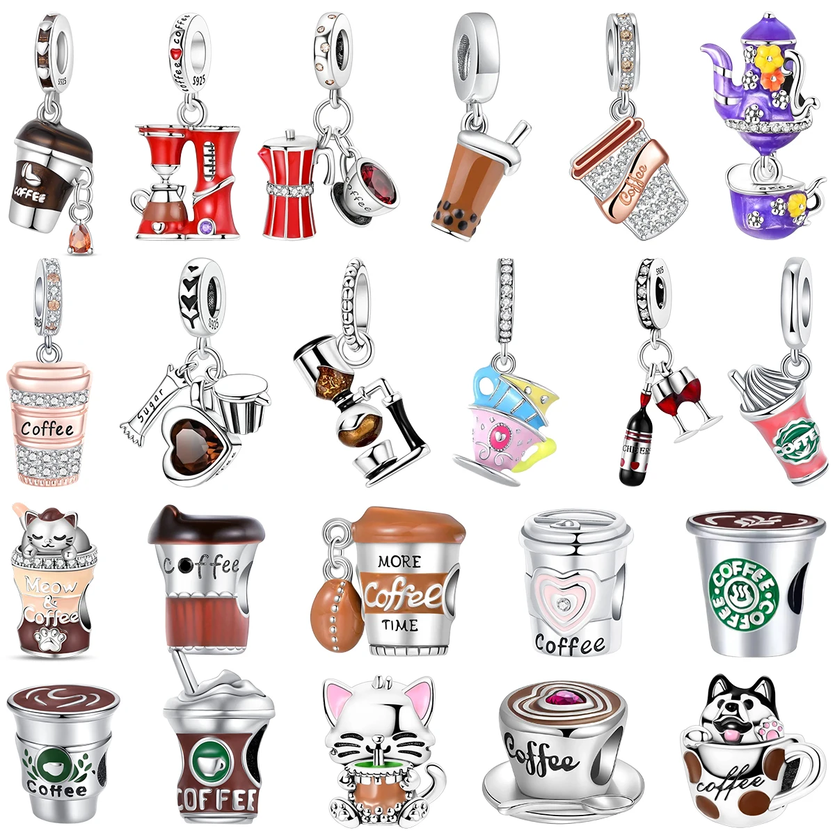 S925 Silver Beverage Theme Charms Coffee Cup Bubble Tea Teapot Wine Juice Coffee Maker Beads Fit Bracelet DIY Fine Jewelry Gift